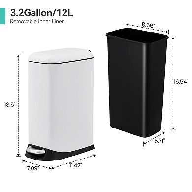 Stainless Steel 3.2 Gal Trash Can, Soft-Close & Fingerprint-Resistant for Kitchen, Office, Bath.