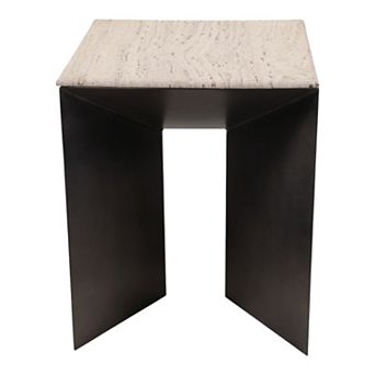 25" Besancon Metal And Travertine Accent Table