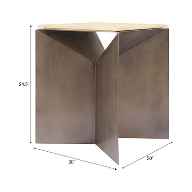 25" Besancon Metal And Travertine Accent Table