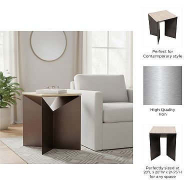 25" Besancon Metal And Travertine Accent Table