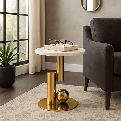 18 in. Round Marble Top Quartz Sculptural Base End Table
