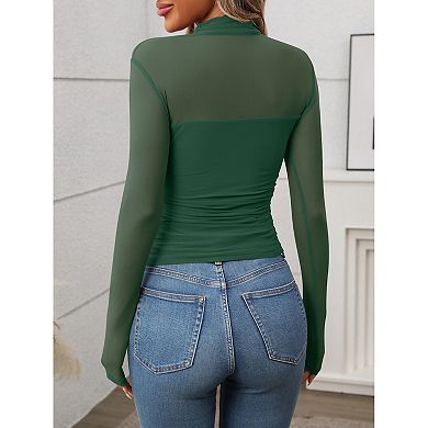 Women Long Sleeve Mesh Tops Mock Neck See Through Shirts