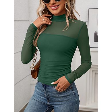 Women Long Sleeve Mesh Tops Mock Neck See Through Shirts