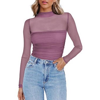 Women Long Sleeve Mesh Tops Mock Neck See Through Shirts