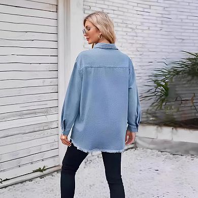 Women Button Down Denim Shirts Casual Long Sleeve Top