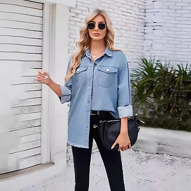 Women Button Down Denim Shirts Casual Long Sleeve Top