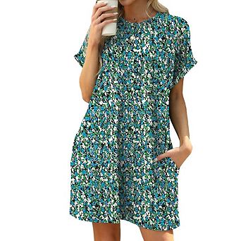Women’s Summer Casual Crewneck Short Sleeve Floral A-Line Sundress With Pockets