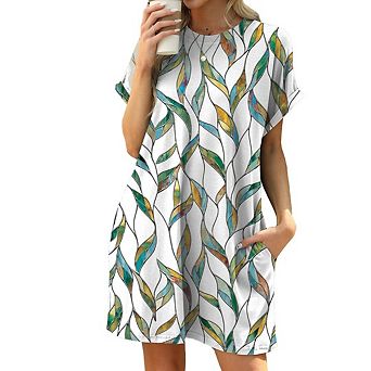 Women’s Summer Casual Crewneck Short Sleeve Floral A-Line Sundress With Pockets