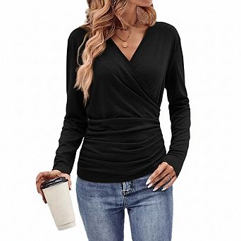 Women's Long Sleeve Tops Wrap Ruched Slim Fit Shirts
