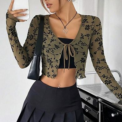 Women's Shrug Tie Front Long Sleeve Cropped Cardigan