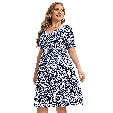 Women Plus Size V Neck Tie Front Floral Dress