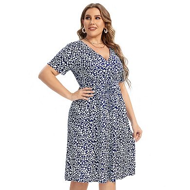 Women Plus Size V Neck Tie Front Floral Dress