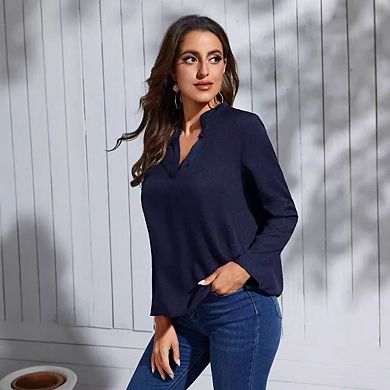 Women Casual Work Tops Roll Up Long Sleeve Shirts