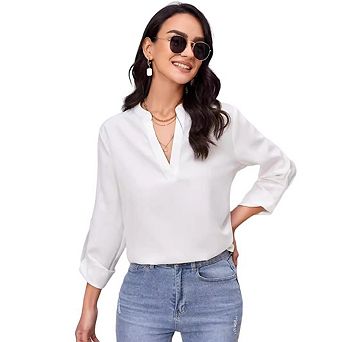 Women Casual Work Tops Roll Up Long Sleeve Shirts