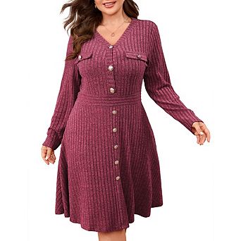Women's Plus Size Ribbed Knit Dress Long Sleeve High Waist Button Pullover Sweater Dress