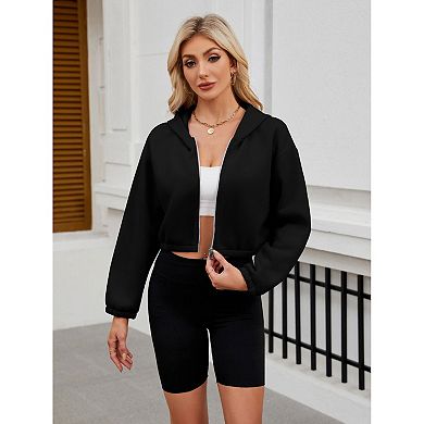 Women Zip Up Cropped Cardigan Jacket Hooded Sweatshirts