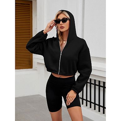 Women Zip Up Cropped Cardigan Jacket Hooded Sweatshirts