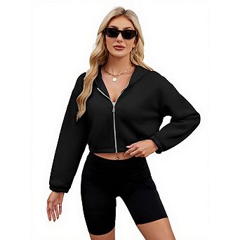 Women Zip Up Cropped Cardigan Jacket Hooded Sweatshirts