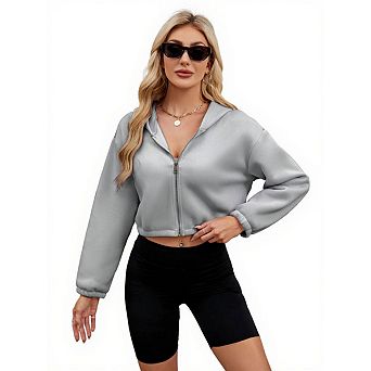 Women Zip Up Cropped Cardigan Jacket Hooded Sweatshirts