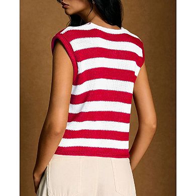 Women Sweater Vest Button Down Striped Sleeveless Knit Cardigan