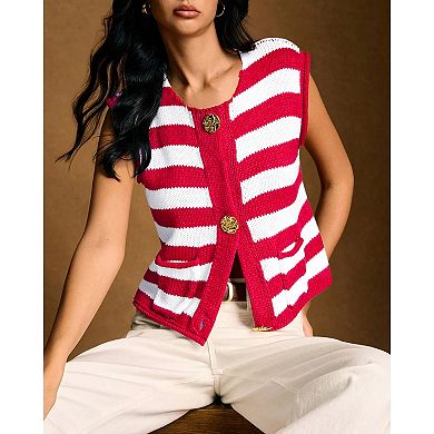 Women Sweater Vest Button Down Striped Sleeveless Knit Cardigan