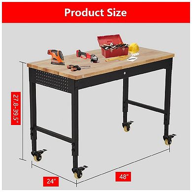 Adjustable Heavy Duty Workbench, Solid Wood Work Bench with Power Outlet