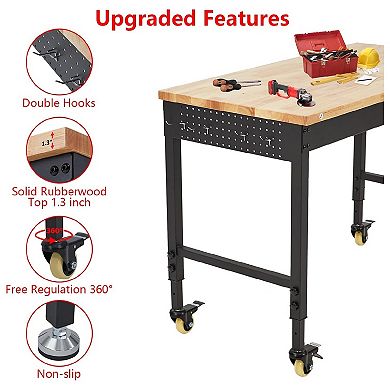 Adjustable Heavy Duty Workbench, Solid Wood Work Bench with Power Outlet