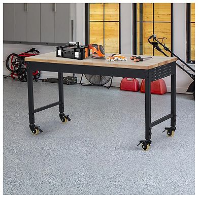 Adjustable Heavy Duty Workbench, Solid Wood Work Bench with Power Outlet