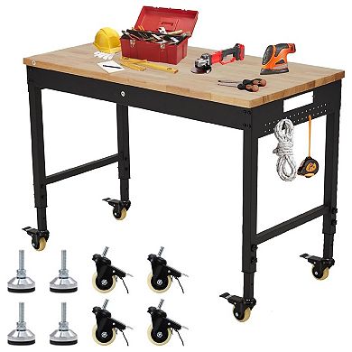 Adjustable Heavy Duty Workbench, Solid Wood Work Bench with Power Outlet