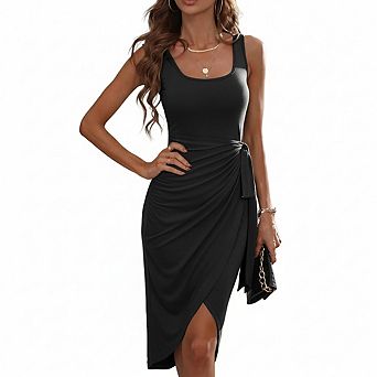 Women Sleeveless Dress Twist Waist Bodycon Slit Party Dresses