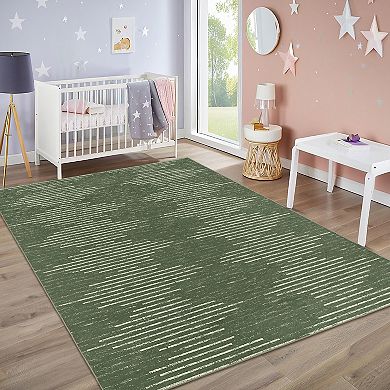 Minimalist Striped Machine Washable Rug with Non-Slip Backing Stain-Resistant Foldable Carpet