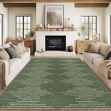 Minimalist Striped Machine Washable Rug with Non-Slip Backing Stain-Resistant Foldable Carpet