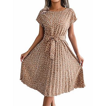 Women's Floral Printed Short Sleeve Midi Dress Crew Neck Pleated Hem Dress