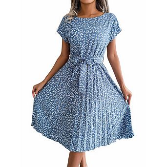 Women's Floral Printed Short Sleeve Midi Dress Crew Neck Pleated Hem Dress