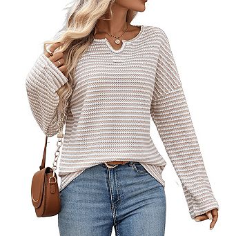 Women Waffle Knit Long Sleeve Shirts Solid Top