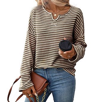 Women Waffle Knit Long Sleeve Shirts Solid Top