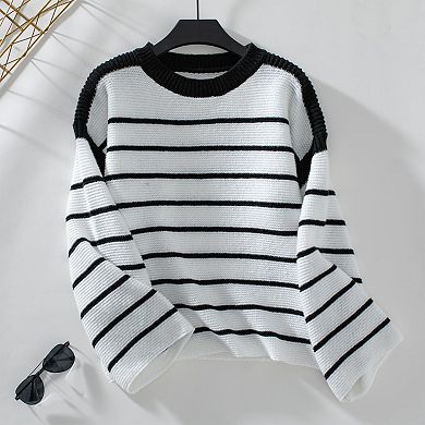 Women Striped Crewneck Sweaters Pullover Casual Knit Tops