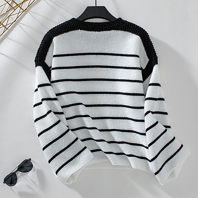 Women Striped Crewneck Sweaters Pullover Casual Knit Tops