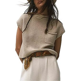 Women Sweater Vest Crewneck Cap Sleeve Knit Tops