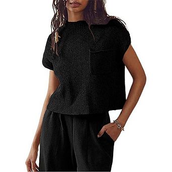 Women Sweater Vest Crewneck Cap Sleeve Knit Tops
