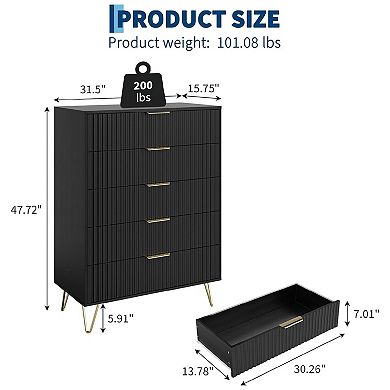 Fluted Dresser for Bedroom with 5 Drawers,32" Wide Modern Chest of Wooden Bedroom Chest