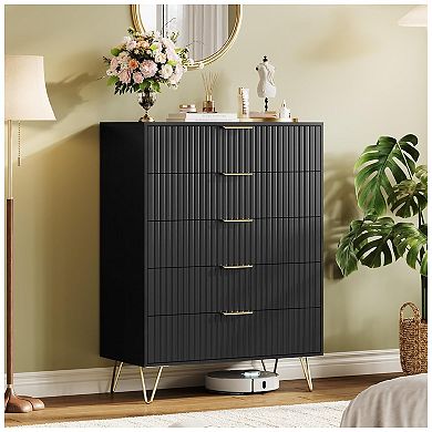 Fluted Dresser for Bedroom with 5 Drawers,32" Wide Modern Chest of Wooden Bedroom Chest