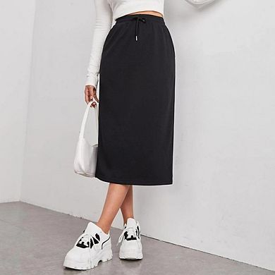 Women Casual Long Drawstring Side Slits Skirts with Pockets