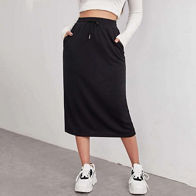 Women Casual Long Drawstring Side Slits Skirts with Pockets