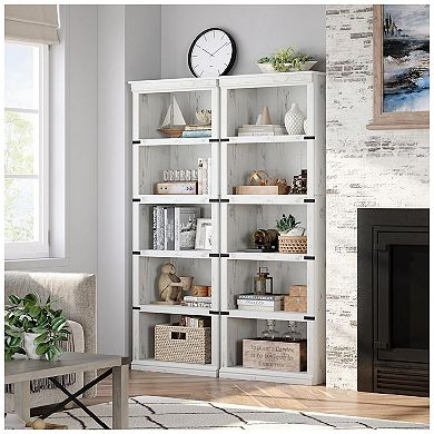 5 Tier Bookcase Farmhouse Book Shelf with Storage, Wooden 5 Shelf Bookcase Floor