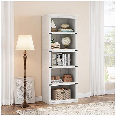 5 Tier Bookcase Farmhouse Book Shelf with Storage, Wooden 5 Shelf Bookcase Floor