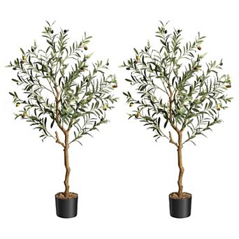 2 pc Olive Trees Artificial Indoor, 4FT Realistic Faux Olive Tree - Fake Plants with Wood Trunk