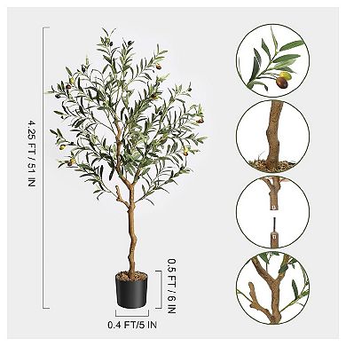 2PCS Olive Trees Artificial Indoor, 4FT Realistic Faux Olive Tree - Fake Plants with Wood Trunk