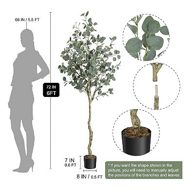 Artificial Eucalyptus Tree 6FT Tall Faux Eucalyptus Stems Fake Plants with Silver Dollar Leaves