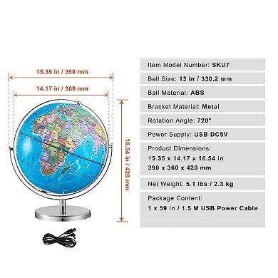 Illuminated World Globe 13" LED Light-Up Map Globe 720° Spinning